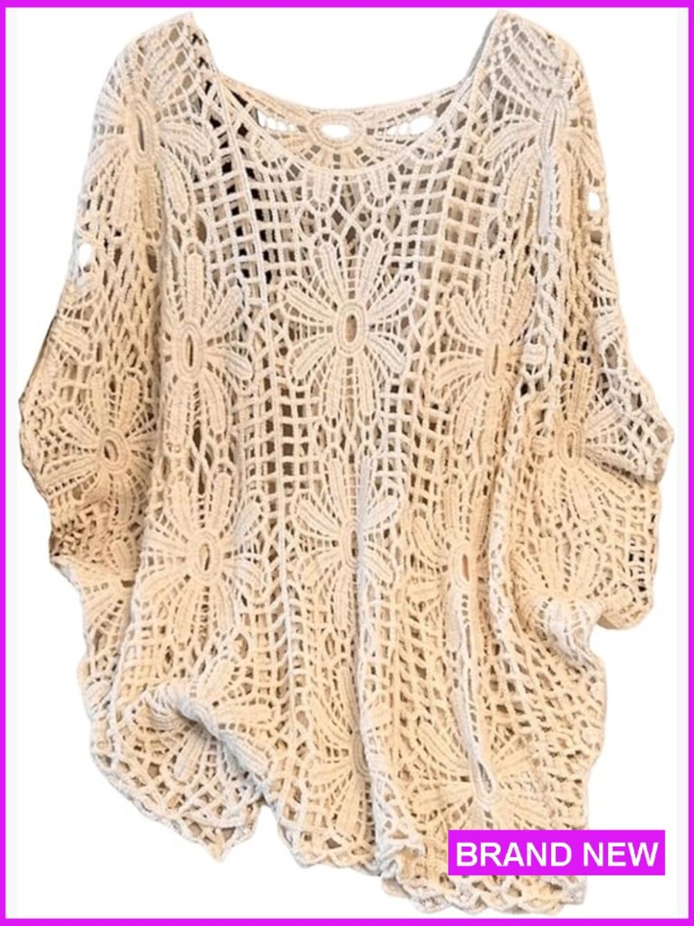 Plus Size Boho Crochet Sweater Dolman Sleeve Beach Cover Up Loose Fit
